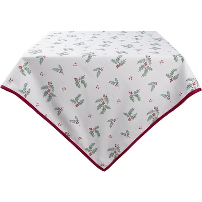 Afbeelding van Clayre &amp; Eef Tafelkleed 100x100 cm Wit Rood Katoen Vierkant Hulstbladeren Tafellaken