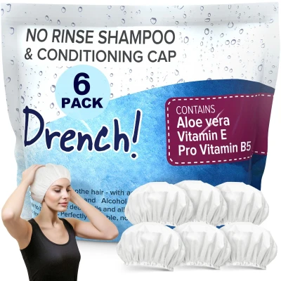 Afbeelding van Drench! Shampoo Cap Set van 6 Haar wassen zonder water Shamppo muts Met conditioner aloë vera, vitamine E en provitamine B5.