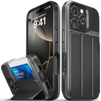 Afbeelding van VENA vCommute voor iPhone 16 Pro Wallet Case, [Militaire Grade Drop Protection] Flip Lederen Cover Slot Kaarthouder met Standaard Zwart