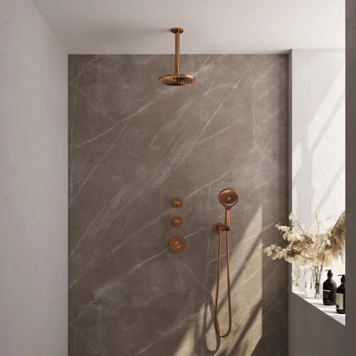 Afbeelding van BRAUER Copper Carving thermostatische inbouw regendouche SET 11 met 20 cm douchekop en plafondarm 3 standen handdouche doucheslang