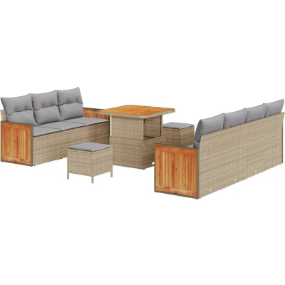 Afbeelding van vidaXL 10 delige tuinsofa set met kussens Beige Poly Rattan Acacia, 2 zits Rattan, 3 tuin eetset Acacia