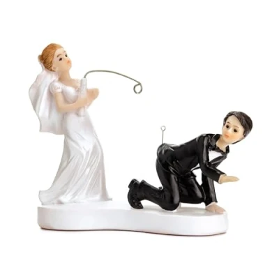 Afbeelding van Trouwfiguurtje/caketopper bruidspaar bruid en bruidegom met vishengel Bruidstaart figuren 13 cm Taartdecoraties