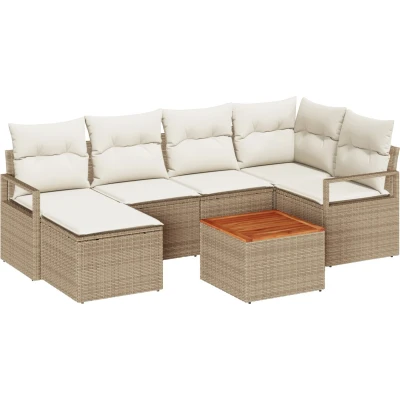 Afbeelding van vidaXL 7 Delige Tuinsofa Set met Kussens Beige Poly Rattan Acacia