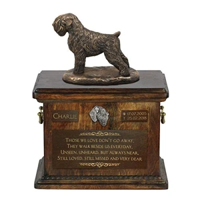 Afbeelding van Art Dog Custom Sitting Statue Memorial Urn Handgemaakt koud gegoten brons op berkenhouten voet 8,3x11,4x8,7 5l Zwarte Russische terriër