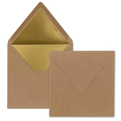 Afbeelding van 50 vierkante enveloppen, 15,5 x cm, kraftpapier met natuurlijke vezels (bruin), gevoerd goudpapier, natte plakrand, vintage look