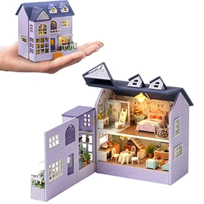 Afbeelding van Poppenhuis, doe het zelf, miniatuur, houten meubelset, mini, handgemaakt poppenhuis met led, schaal 1:24, creatief knutselspeelgoed hout voor volwassenen, vriend, geliefde, verjaardagscadeau