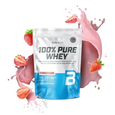 Afbeelding van BioTechUSA 100% Pure Whey Eiwitpoeder met BCAA en Glutamine Glutenvrij, Palmolievrij 21g Eiwit per portie, 454 g, Aardbei