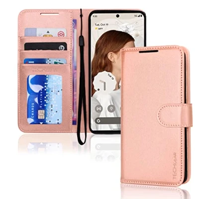 Afbeelding van TECHGEAR Pixel 7 lederen portemonneehoesje, flip beschermhoesje met portemonnee kaarthouder, standaard en polsband roségoud PU leer magnetische sluiting ontworpen voor Google