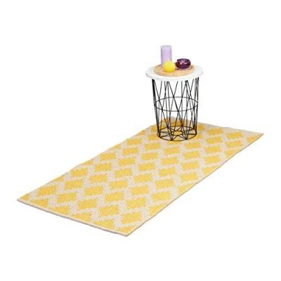 Afbeelding van Relaxdays vloerkleed katoen, 70 x 140 cm, antislip, handgeweven tapijt, met ruitjes, voor hal of keuken, beige/geel