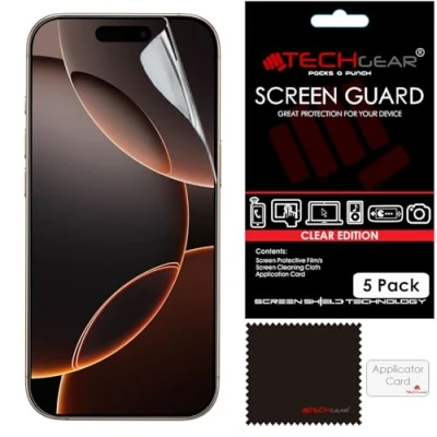 Afbeelding van TECHGEAR 5 stuks schermbeschermers voor iPhone 16 Pro CLEAR LCD schermbeschermhoezen met reinigingsdoekje en applicatiekaart compatibel 6,3 inch