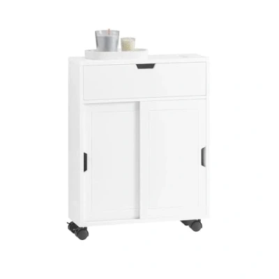 Afbeelding van SoBuy BZR31 W Badkamertrolley Opbergruimte Badkamermeubel Badkamerkast met 2 Schuifdeuren en 1 Klep Ladekast voor de Badkamer Wit 52x67x17cm