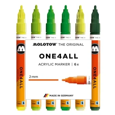 Afbeelding van Molotow One4All 127HS Acryl Marker Green Set (2,0 mm lijndikte, zeer dekkend en permanent, sneldrogend, navulbaar, voor bijna alle ondergronden), 6 stuks gesorteerd
