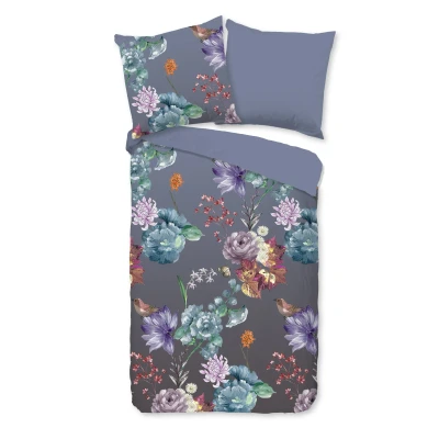 Afbeelding van Dekbedovertrek 155x220 cm Bloemen en Vogels Print Grijs/Multi 1 Persoons 100% Katoen Oeko Tex Gecertificeerd