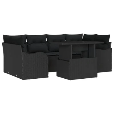Afbeelding van vidaXL 7 delige tuinsofa set met kussens zwart poly rattan, 2 zits rattan