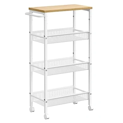 Afbeelding van VASAGLE Trolley 4 niveaus, keukenwagen smal, nisplank op wielen, staal, handgreep, voor kleine ruimtes, 22 x 45,5 77 cm, keuken, badkamer, woonkamer, werkkamer, eiken wit LRC033W09