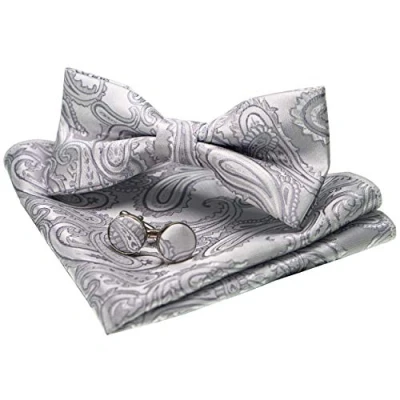 Afbeelding van JEMYGINS Paisley vlinderdas en pochet met manchetknopen sets voor heren, zilver, M