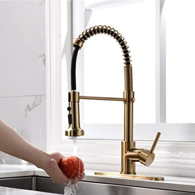 Afbeelding van TIMACO Keukenkraan 360 draaibaar goud geborsteld met uittrekbare handdouche gewone handmixer