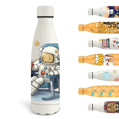 Afbeelding van Grsta Thermosfles, 500 ml, gepersonaliseerde drinkfles met astronaut, metalen fles, lekvrij, BPA vrij, vacuüm geïsoleerd, voor school, kantoor, camping, wit