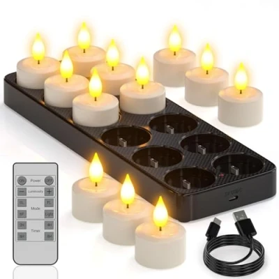 Afbeelding van Yme oplaadbare theelichtjes met timerfunctie en laadstation, 12 led theelichtjes, kaarsen, flikkerend, afstandsbediening, timer, voor kamer, woonkamer, Halloween, Kerstmis, tafel,