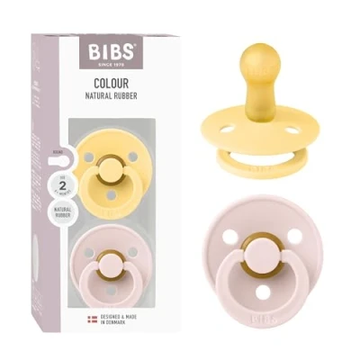Afbeelding van BIBS Colour fopspeen, 2 pack, BPA vrije fopspeen met ronde , natuurlijk rubber latex, gemaakt in Denemarken, maat (6 18 maanden), bleke boter/bloemblaadje