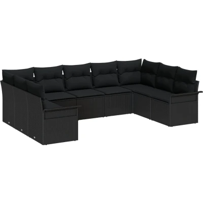 Afbeelding van vidaXL 9 delige Tuinsofa Set met Kussens Zwart Poly Rattan