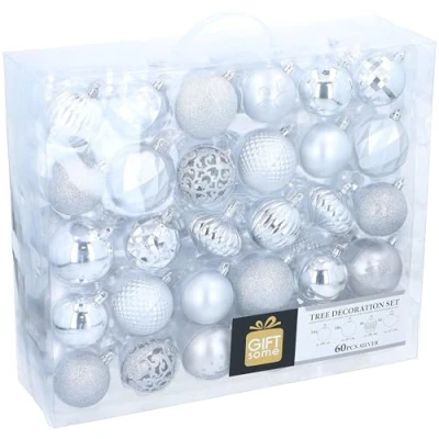 Afbeelding van Giftsome ZilverenKersballen Set 60 Kunststof Kerstballen Incl. Zilveren Piek Kerst Decoratie Ø6/7 cm