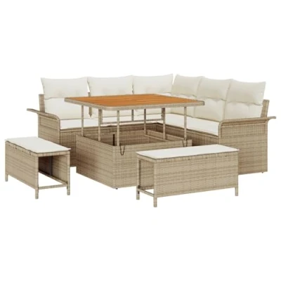 Afbeelding van vidaXL 8 Delige Tuin Sofa Set met Kussens Beige Poly Rattan Acacia, 3 Eetset Acacia