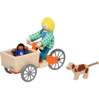 Afbeelding van Lastenfahrrad mit 2 Biegepuppen und Hund: Lastenrad: 16 x 6,8 7,5 cm, Holz, Textil, 4 Teile, per Set