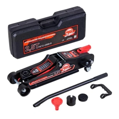 Afbeelding van hydraulische krik, 2,5 ton, platte uitvoering 80 mm 360 mm, laag profiel, incl. koffer + SUV adapter 2x rubberen pad garagekrik wielen (rood)