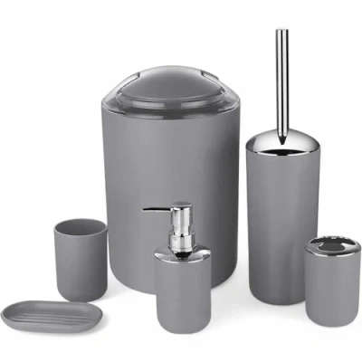 Afbeelding van GMMH Badset, 6 delig, diverse badkameraccessoires, met zeepdispenser en wc borstel (grijs ontwerp 3)