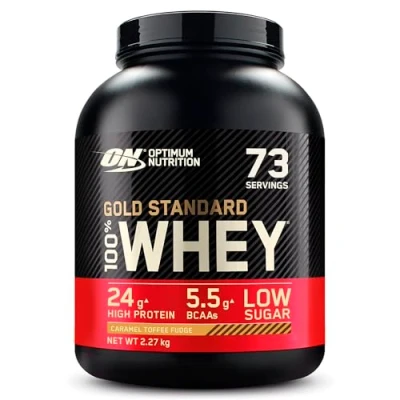 Afbeelding van Optimum Nutrition Gold Standard 100% Whey Spieropbouw en Herstel, Proteïnepoeder met Lichaamseigen Glutamine BCAA Aminozuren, Caramel Toffee Fudge smaak, 73 Porties, 2.27 kg