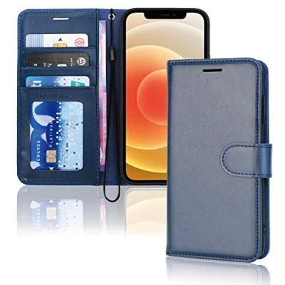 Afbeelding van TECHGEAR iPhone 12 / Pro lederen portemonneehoesje, flip beschermhoes met portemonnee kaarthouder, standaard en polsband blauw PU leer magnetische sluiting voor 12/12 6,1