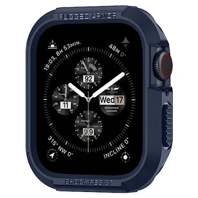 Afbeelding van Apple Watch 44 mm Hoes: Spigen Rugged Armor Case smartwatch Shockproof/Valbescherming Backcover,Softcase,Bumper Blauw Siliconen En TPU (zacht)
