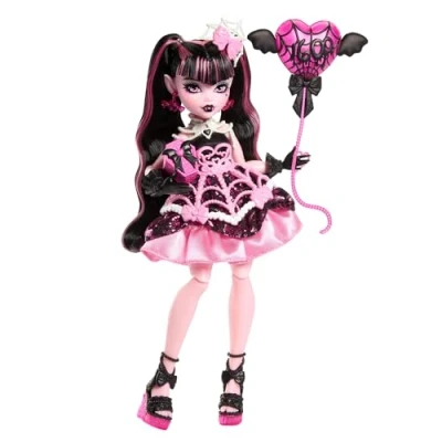 Afbeelding van Monster High Griezelige Sweet Birthday Pop, Draculaura in roze feestjurk met accessoires die bij het thema horen, zoals een uitnodiging, ballon, cadeautje, waaier en meer, JBG74