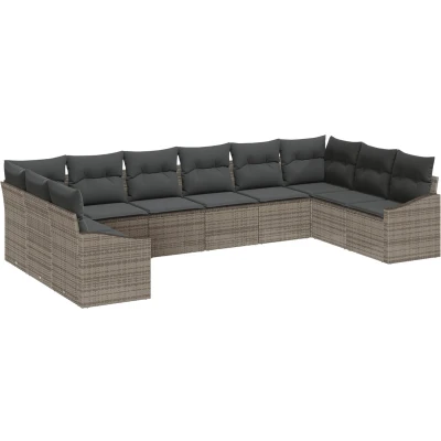 Afbeelding van vidaXL 10 delige Tuin Eettafel Set met Kussens Grijs Poly Rattan