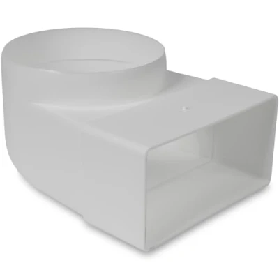 Afbeelding van 90 graden 110 x 55 mm op Ø 100 rechthoekige platte kanaalconnector voor ronde buisaansluiting klimaat, ventilatie, verwarming, koeling.