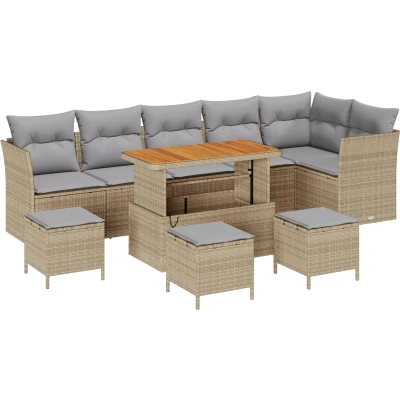 Afbeelding van vidaXL 10 delig tuinbankstel met kussens Beige Poly Riet Acacia