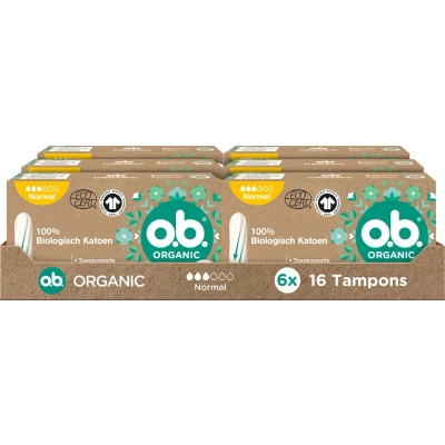 Afbeelding van o.b. Organic Normaal biologische tampons gemiddelde tot zwaardere menstruatiedagen 100% biokatoen 6 x 16 stuks