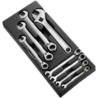 Afbeelding van EXPERT E111100 module met 7 ratelringsteeksleutels en 1 verstelbare moersleutel