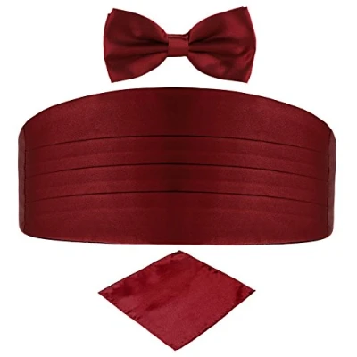 Afbeelding van DonDon 3 delige set herenceintuur vlinderdas pochet kleur gecoördineerd glanzend, voor feestelijke gelegenheden Donkerrood bordeaux