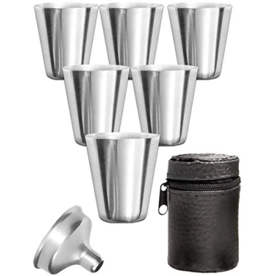 Afbeelding van Outdoor Saxx® 8 delige roestvrijstalen bekerset, 6 onbreekbare borrelbekers, borrelglazen van metaal, metalen beker met vultrechter en leren tas, ideaal accessoire voor de vlammerman
