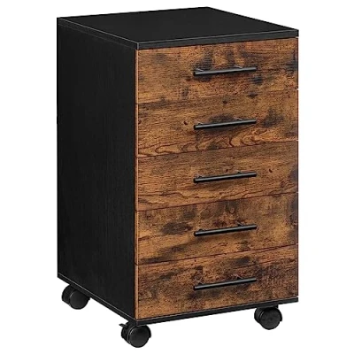 Afbeelding van HOOBRO Archiefkast, Rolcontainer met 5 Laden, Houten Bureaukast, Commode Opbergkast, Industriële Stijl, Eenvoudige Montage, Rustiek, Donkerbruin en Zwart EBF05WJ01