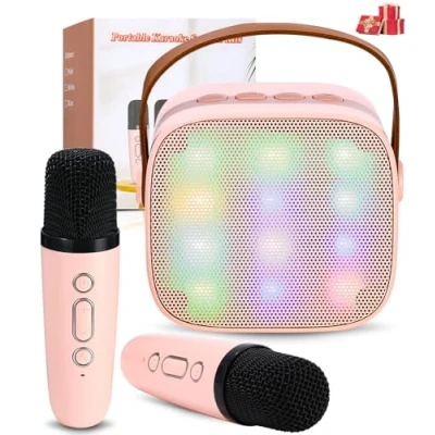 Afbeelding van karaoke machine met 2 draadloze microfoons, draagbare Bluetooth voor kinderen en volwassenen, stemwisselende effecten, ledverlichting, jongens meisjes, cadeau, thuisfeest
