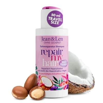 Afbeelding van Jean &amp; Len Shampoo Repair kokosolie, macadamia, voor beschadigd zwak haar, herstelt broos 50 ml reisformaat, 1 stuk