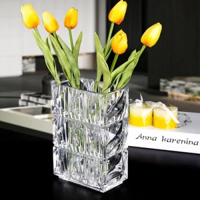 Afbeelding van 20 cm Kristallen glazen vaas, verdikte heldere bloemenvaas, grote vierkante vaas decoratieve vazen bloemen moderne boerderij middenstuk, home kamer decor (transparant)