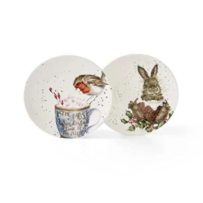Afbeelding van Royal Worcester Wrendale Deigns 16cm Feestelijke Coupe Bord Robin en Bunny Set van 2