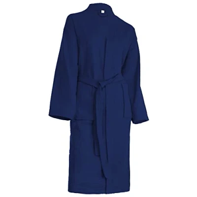 Afbeelding van Brandsseller Badjas voor dames en heren, katoen, uniseks, lichte ochtendjas, wafel piqué, Donkerblauw, S