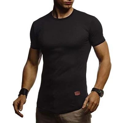 Afbeelding van Leif Nelson Zomer T shirt voor heren met ronde hals, slimfit, katoenaandeel, cool wit zwart basic shirt, korte mouwen, lang, LN8294, zwart, XL