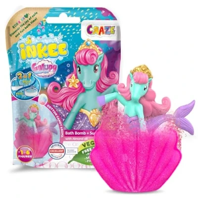 Afbeelding van CRAZE INKEE GALUPY MERMAID zeemeermin badbal met verrassing, kinderbadbom in schelpvorm figuren en suikerspin aroma