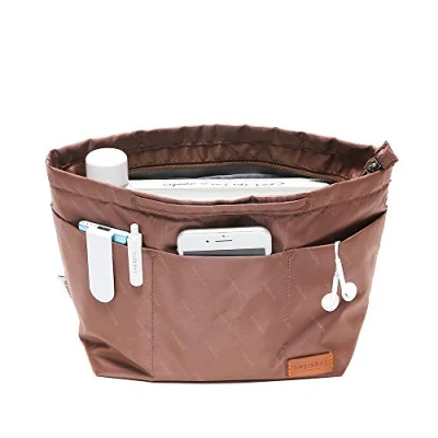 Afbeelding van iN. Purse Organizer Insert with zipper, Nylon fabric Storage Bag handles, for womens Handbags &amp; Tote bags, neverfull, lightweight large sized Brown